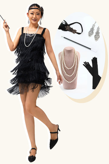 Vestido Sparkly Black Fringe Bodycon 1920s com conjunto de acessórios de 5 peças